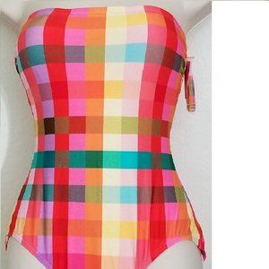 KATE SPADE GARDEN PLAID 1PC BANDEAU Swimsuit RED ORANGE PINK GREEN XS NWT